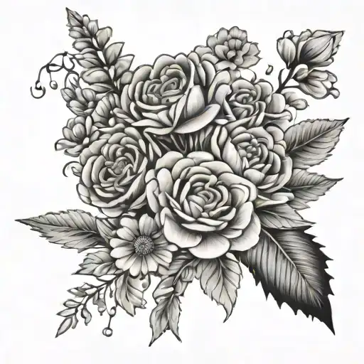 a dainty flower bouquet with 1 chrysanthemum, 1 rose, 1 daisy, and 1 larkspur with baby’s breath filler tattoo design idea