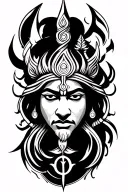 Trident for Shiva, Mace for Hanuman,Chakra for Vishnu and “悟”. Combined,showing strength,fierce,transcendence & calm tattoo design idea