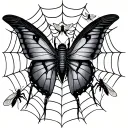 A half sleeve tattoo with a spider web and butter fly  tattoo design idea