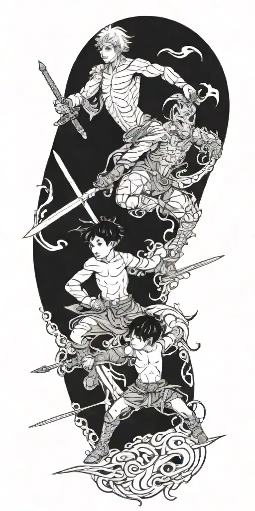 one boy with sword fights creature tattoo design idea