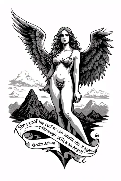 fallen angel with mountains underneath with quote " she's proof she can walk through hell and still be an angel " on leg tattoo design idea