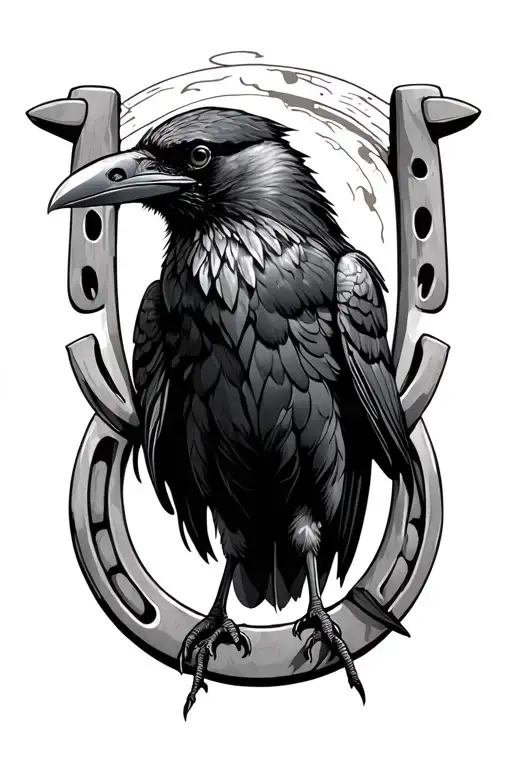 Raven standing on a horseshoe tattoo design idea