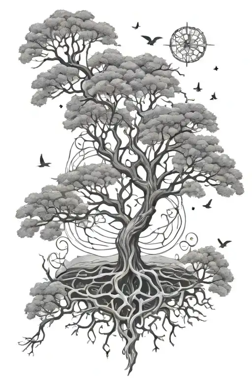 tree of life with taurus, Virgo, and libra zodiac constellations woven into the branches.  tattoo design idea