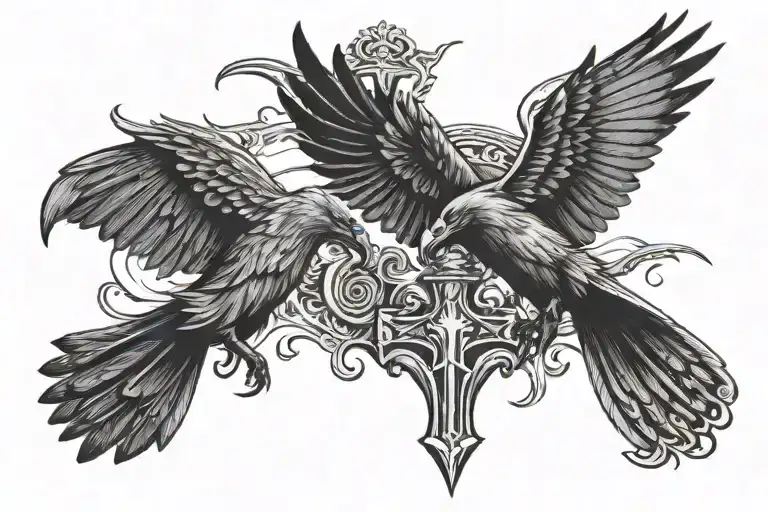 2 ravens flying, thor's hammer jelling style tattoo tattoo design idea