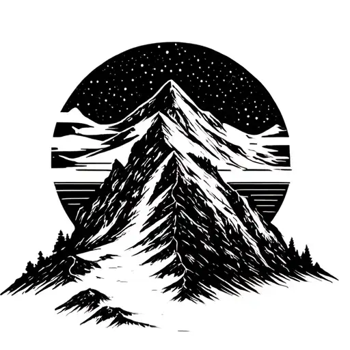 A silhouette of a mountain peak with a trail winding up it, under a starry sky tattoo design idea