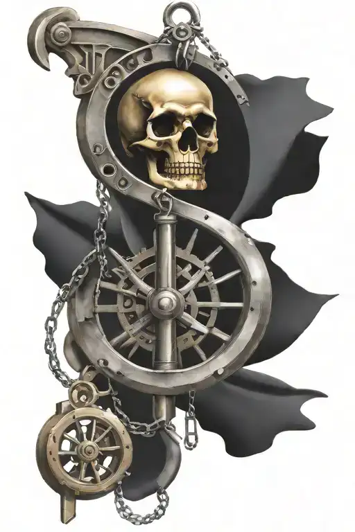 mechanical scythe pendulum on long chain hanging from machine linkage   tattoo design idea