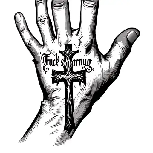 On the back of the hand there is the inscription fuck sharomyg and a cross below tattoo design idea