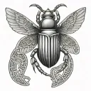 scarab beetle with open wings one dark one bright, above Egypt ankh underneath germanic triskel tattoo design idea