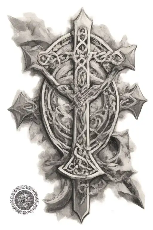 celtic cross with 'father' 'son' 'spirit' on top 3 points tattoo design idea