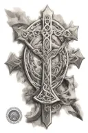 celtic cross with 'father' 'son' 'spirit' on top 3 points tattoo design idea