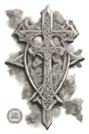 celtic cross with 'father' 'son' 'spirit' on top 3 points tattoo design idea