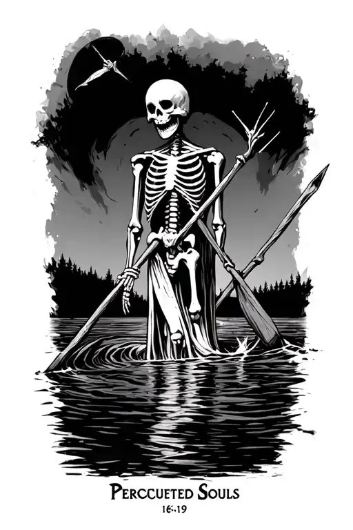 Skeletal Charon crossing the river sticks in the words Persecuted Souls 16:19 tattoo design idea