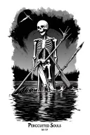 Skeletal Charon crossing the river sticks in the words Persecuted Souls 16:19 tattoo design idea