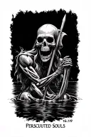 Skeletal Charon crossing the river sticks in the words Persecuted Souls 16:19 tattoo design idea