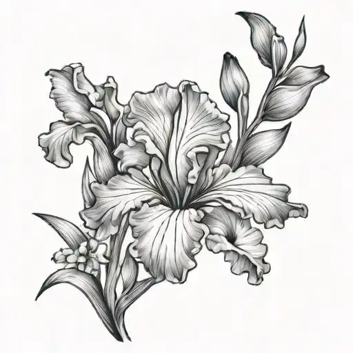 iris flower with gladiolus flower in fan out bouquet tattoo design idea