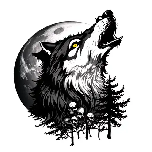 angry wolf howling at the moon yelllow eyes and skulls and trees tattoo design idea