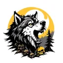 angry wolf howling at the moon yelllow eyes and skulls and trees tattoo design idea