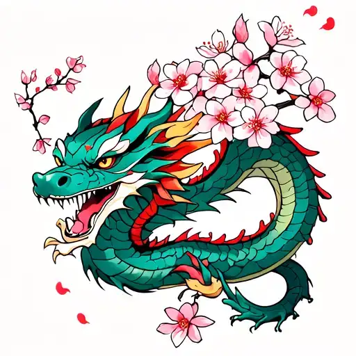 Cherry blossoms with a japanese dragon wrapped between them tattoo design idea