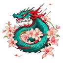Cherry blossoms with a japanese dragon wrapped between them tattoo design idea