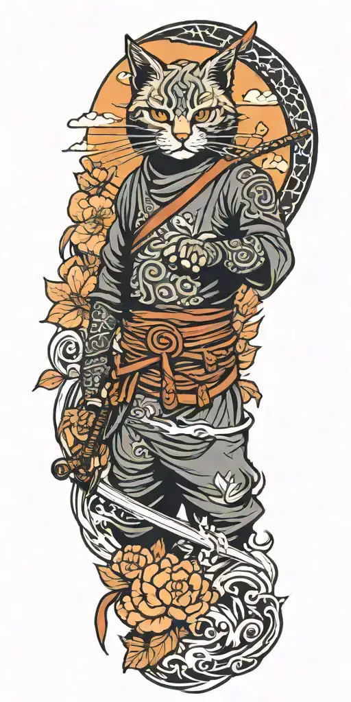 ninja cat holding katana, tail, water, waves, lotus, sakura, clouds, whirlpool, leaves, peony, sunset tattoo design idea