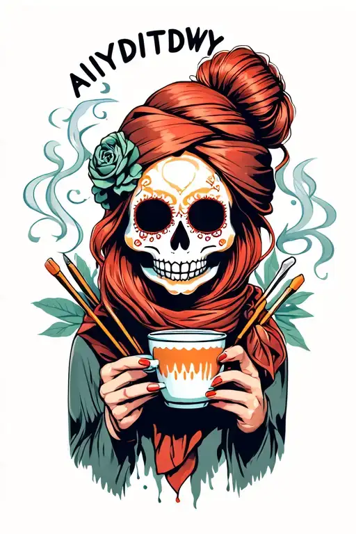 "AIYDIWTDWY" sugar skull with red hair in a bun wearing a hair scarf with crochet hooks in her hair holding a steaming cup of coffee tattoo design idea