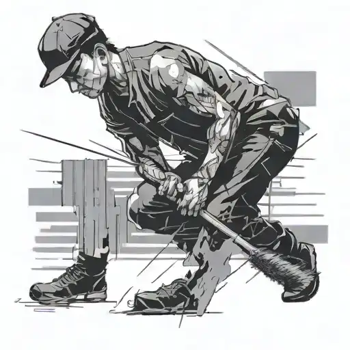 a man sweeps the floor, a trace from sweeping, a digital code 101010 tattoo design idea