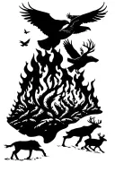 burning forest, with a wolf, deer and raven fleeing from the fire, and ravens flying in the sky tattoo design idea
