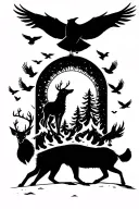 burning forest, with a wolf, deer and raven fleeing from the fire, and ravens flying in the sky tattoo design idea