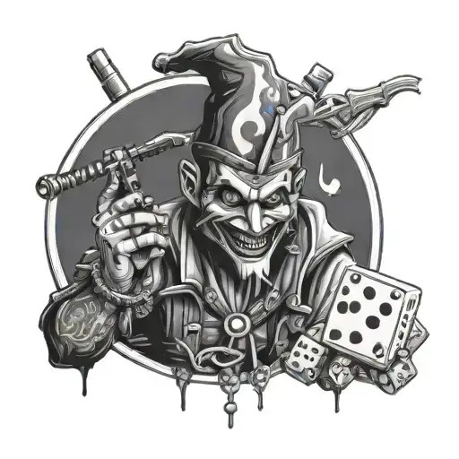 gangster jester with uzi and dice tattoo design idea
