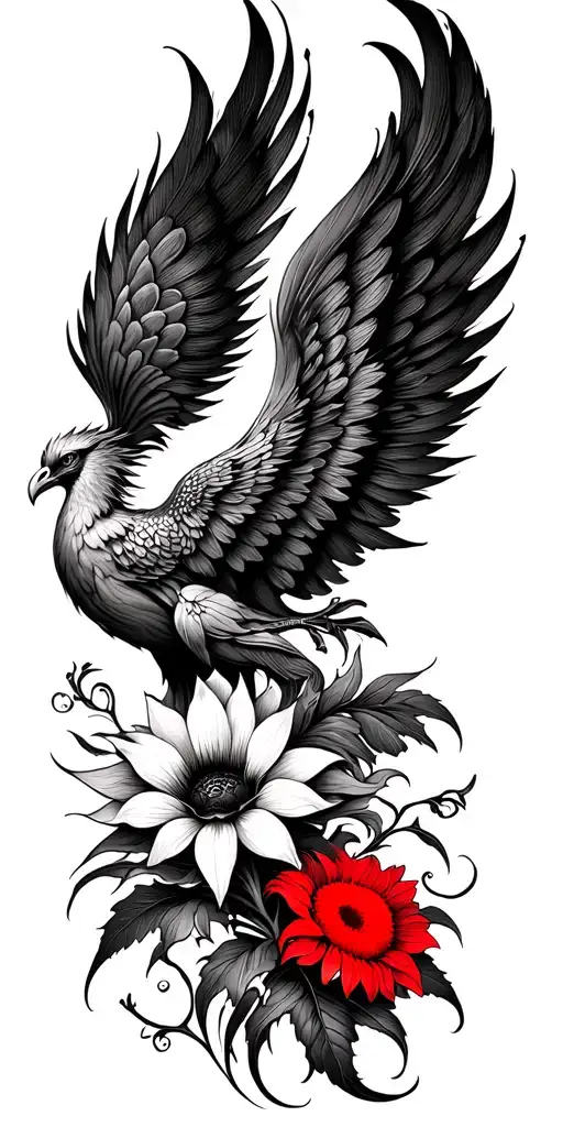 feminine phoenix rising wings spread long flowing tail feathers with lotus, red spider Lilly and sunflower tattoo design idea