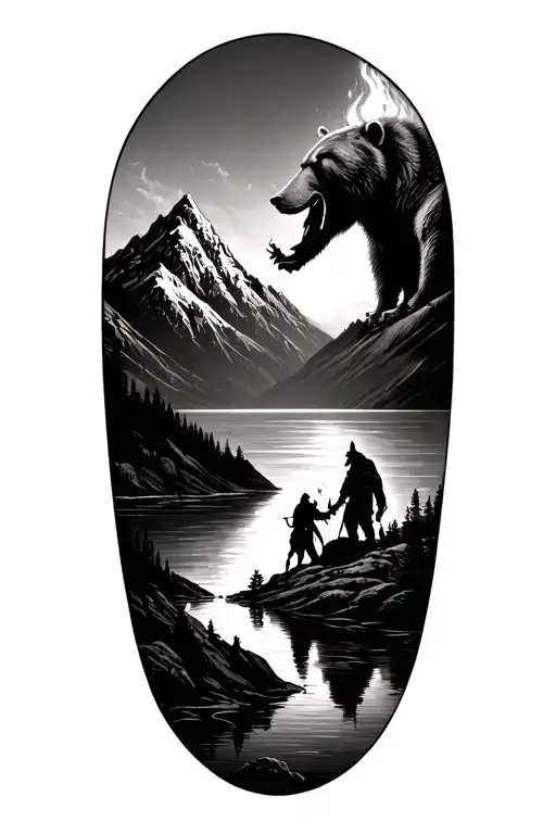 mountain scene with Lake and small Bear Silouette with Prometheus on the side giving Viking man fire tattoo design idea