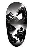 mountain scene with Lake and small Bear Silouette with Prometheus on the side giving Viking man fire tattoo design idea