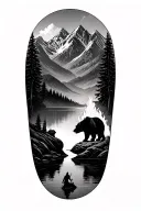 mountain scene with Lake and small Bear Silouette with Prometheus on the side giving Viking man fire tattoo design idea