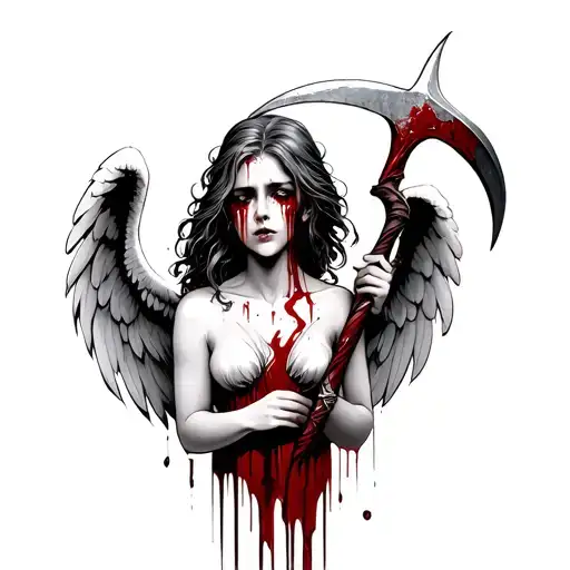 An angel woman crying tears of blood, holding a bloody scythe with blood dripping from it tattoo design idea