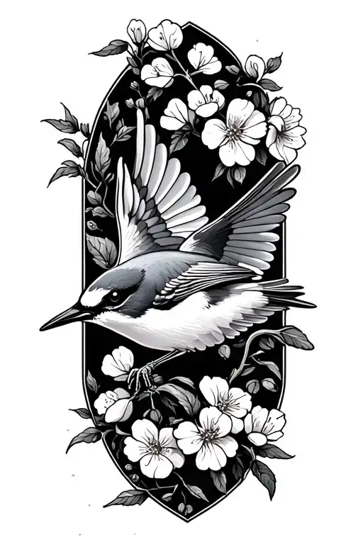 shrike bird flying towards a Hawthorne branch with flowers tattoo design idea