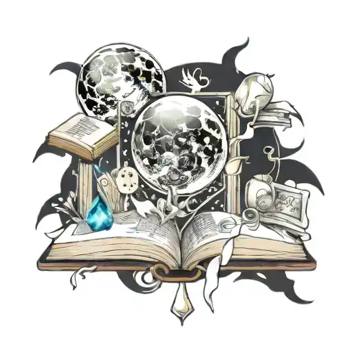 moon books and crystal tattoo design idea