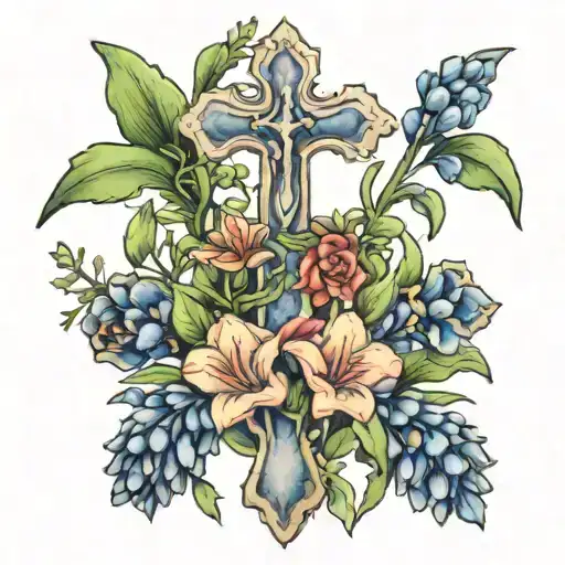 bluebonnets with a cross surrounded tattoo design idea