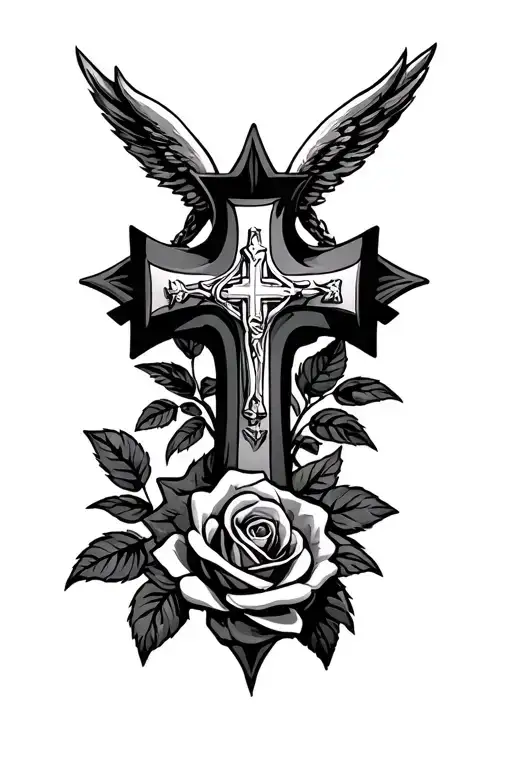 Semper Fidelis, Roses, catholic cross tattoo design idea