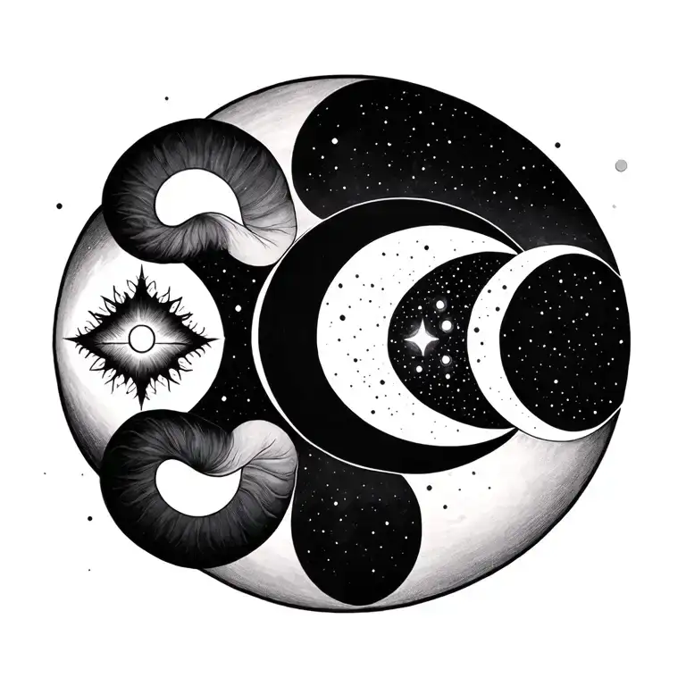 chakra symbols, aries sign, half moon phases tattoo design idea