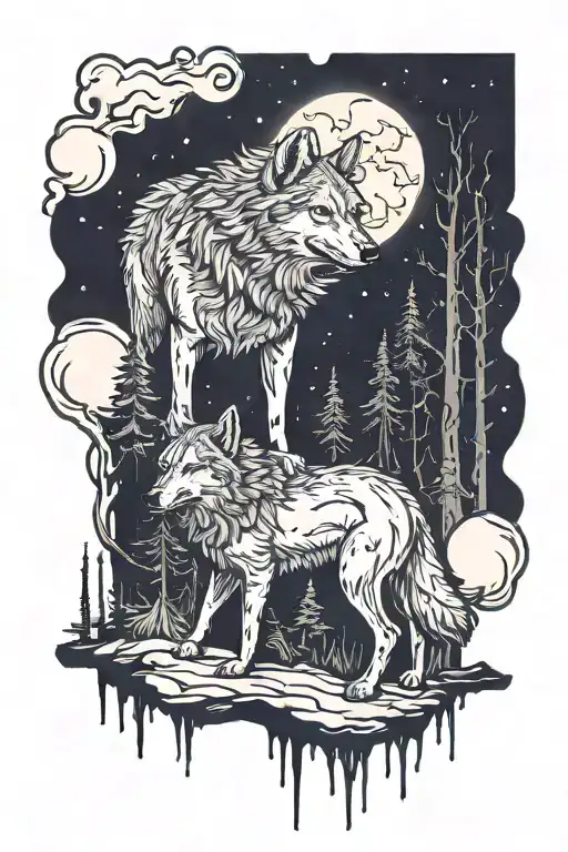 A wolf howls beneath a glowing full moon, surrounded by a dark forest, with a small fireplace flickering at its feet. tattoo design idea