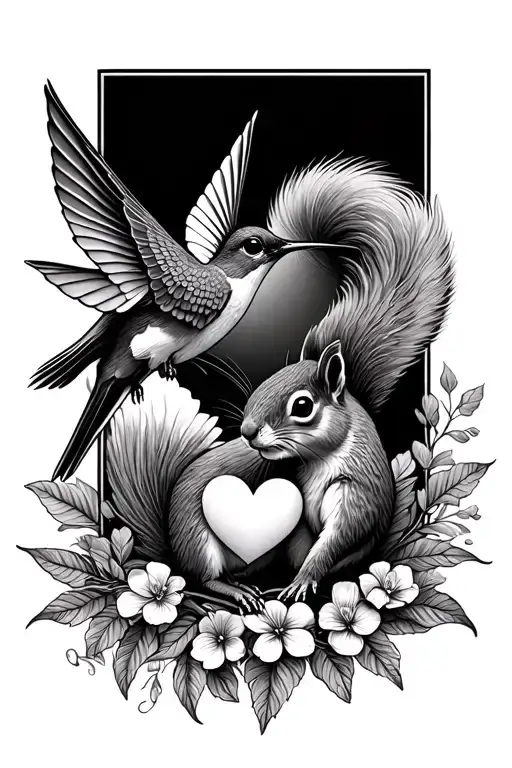 humming bird and squirrel with a heart fine lines  tattoo design idea