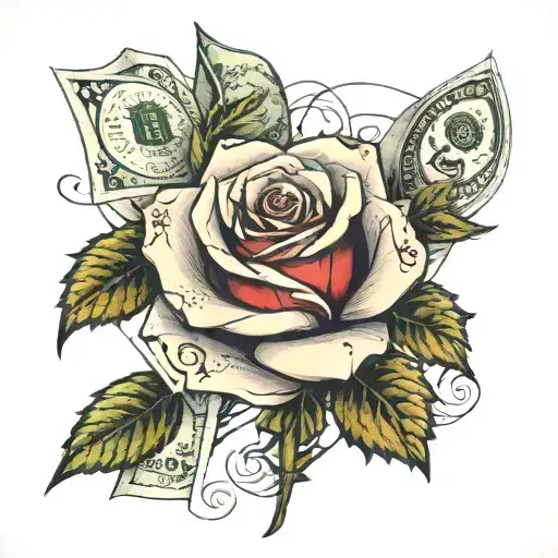 A rose made out of 100€ and 500€ bills, representing the love for money and luxury tattoo design idea