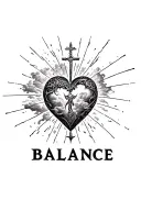 heart shape, clouds, rays, floral patterns, Norse cross, the word 'BALANCE' tattoo design idea