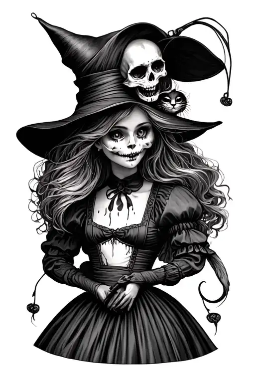 creepy bloody morbid  alice in wonderland with skull and Cheshire Cat sleeve tattoo tattoo design idea