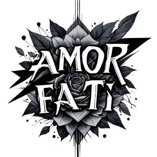 "AMOR FATÍ" with digital geometric script tattoo design idea