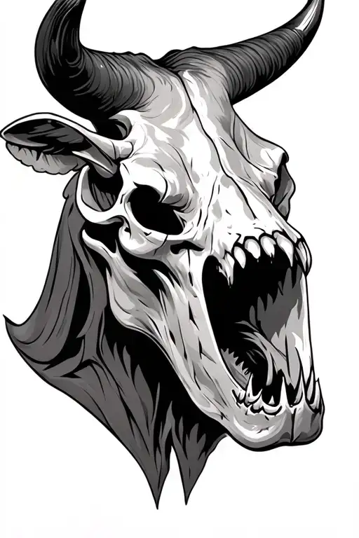 Side profile of a bull skull with open mouth and demonic eyes tattoo design idea