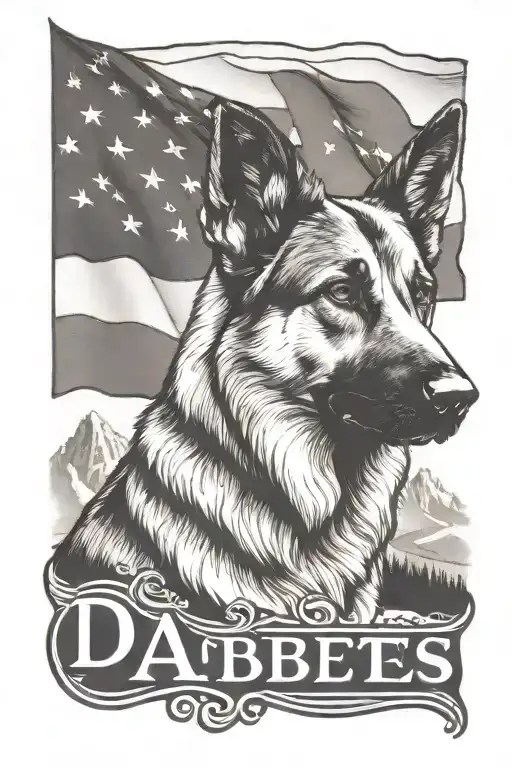portrait of German shepherd wearing bracelet saying "diabetes" mountain scene American flag spiraling down tattoo design idea