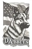 portrait of German shepherd wearing bracelet saying "diabetes" mountain scene American flag spiraling down tattoo design idea