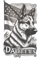 portrait of German shepherd wearing bracelet saying "diabetes" mountain scene American flag spiraling down tattoo design idea