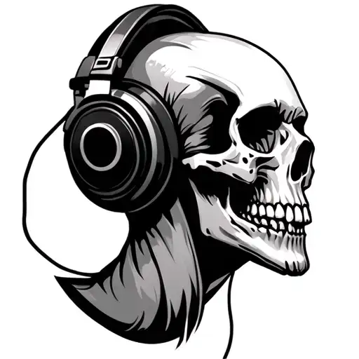 skull from the side with head tilted back with headphones on or earbuds tattoo design idea